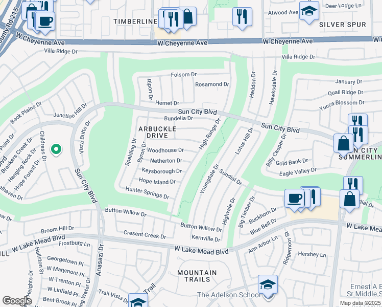 map of restaurants, bars, coffee shops, grocery stores, and more near 9909 Woodhouse Drive in Las Vegas
