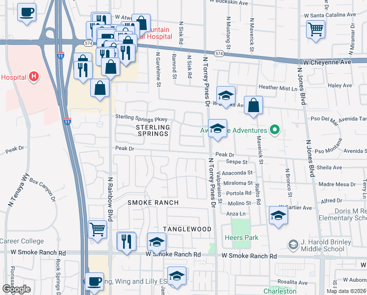 map of restaurants, bars, coffee shops, grocery stores, and more near 6437 Old Colonial Way in Las Vegas