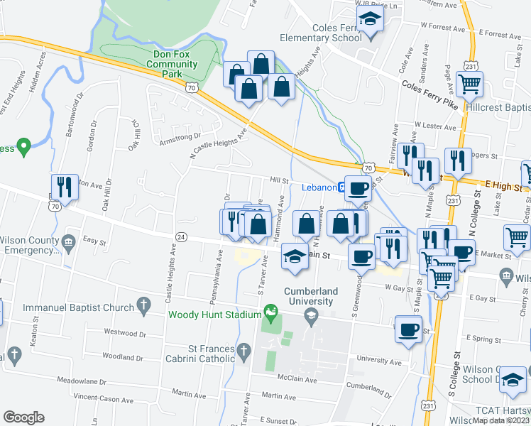 map of restaurants, bars, coffee shops, grocery stores, and more near 128 North Tarver Avenue in Lebanon