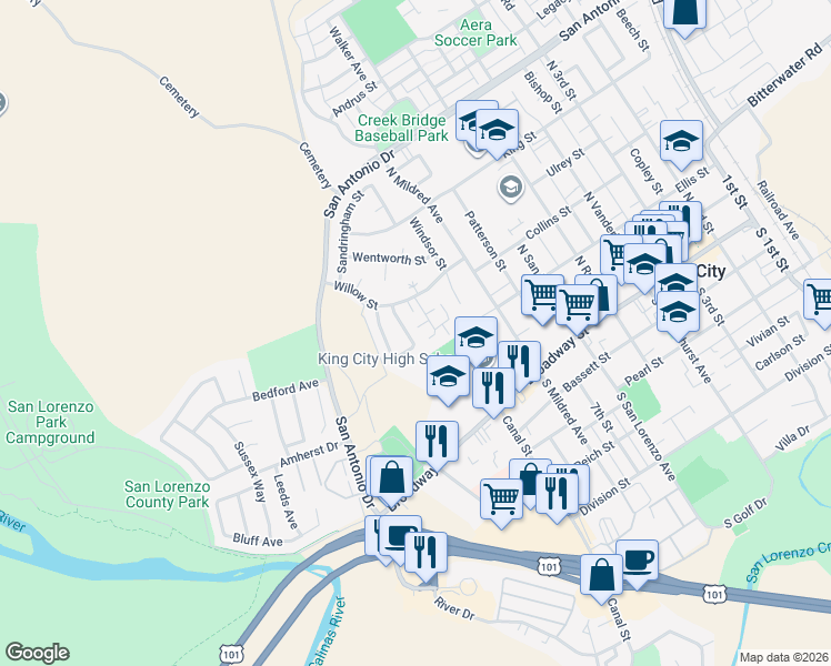 map of restaurants, bars, coffee shops, grocery stores, and more near 126 Spruce Drive in King City