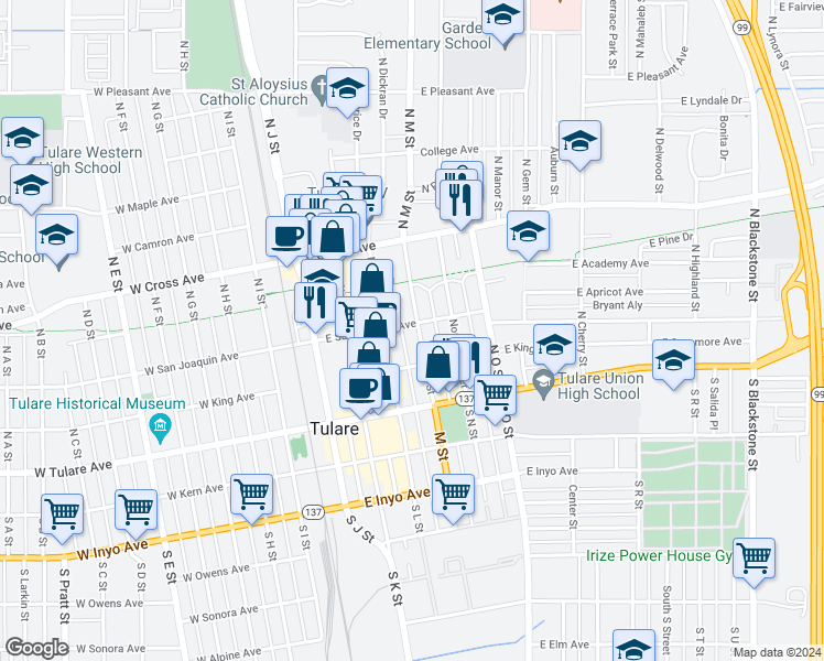 map of restaurants, bars, coffee shops, grocery stores, and more near 261 North M Street in Tulare