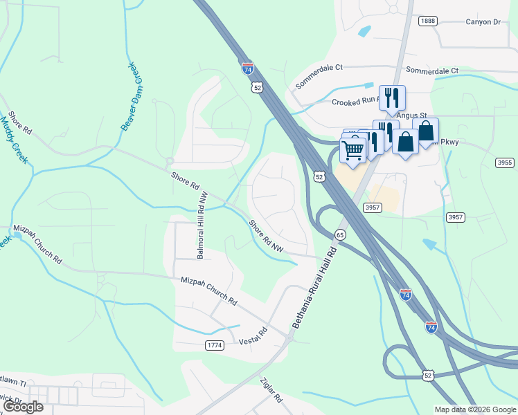 map of restaurants, bars, coffee shops, grocery stores, and more near 1353 Aurora Glen Drive in Rural Hall