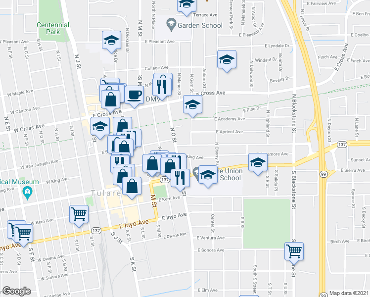 map of restaurants, bars, coffee shops, grocery stores, and more near 639 East San Joaquin Avenue in Tulare