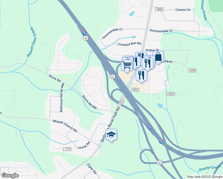map of restaurants, bars, coffee shops, grocery stores, and more near 1290 Shore Road Northwest in Rural Hall