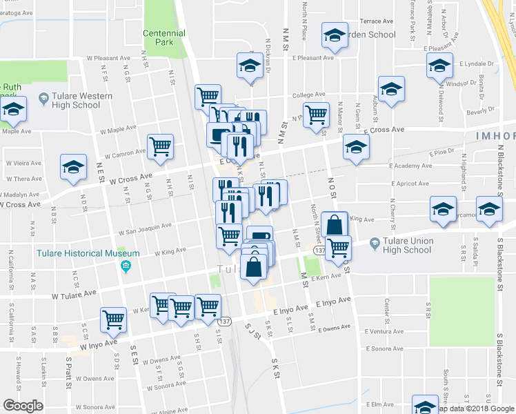 map of restaurants, bars, coffee shops, grocery stores, and more near 228 East San Joaquin Avenue in Tulare