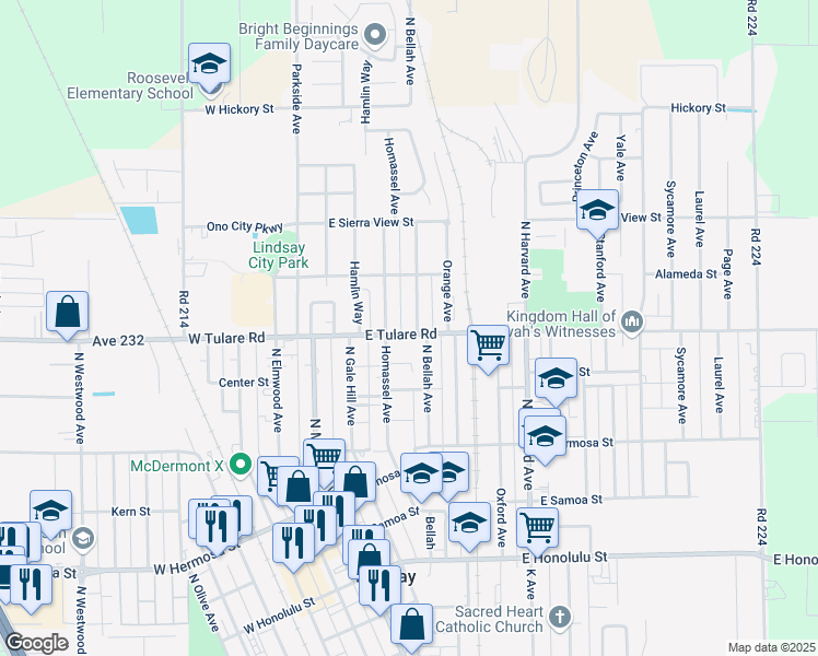 map of restaurants, bars, coffee shops, grocery stores, and more near 748 Homassel Avenue in Lindsay