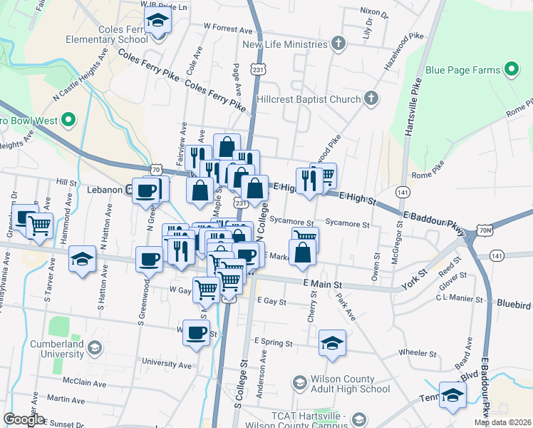 map of restaurants, bars, coffee shops, grocery stores, and more near 305 North College Street in Lebanon