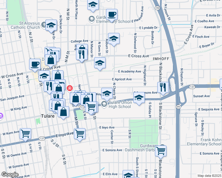 map of restaurants, bars, coffee shops, grocery stores, and more near 777 East San Joaquin Avenue in Tulare