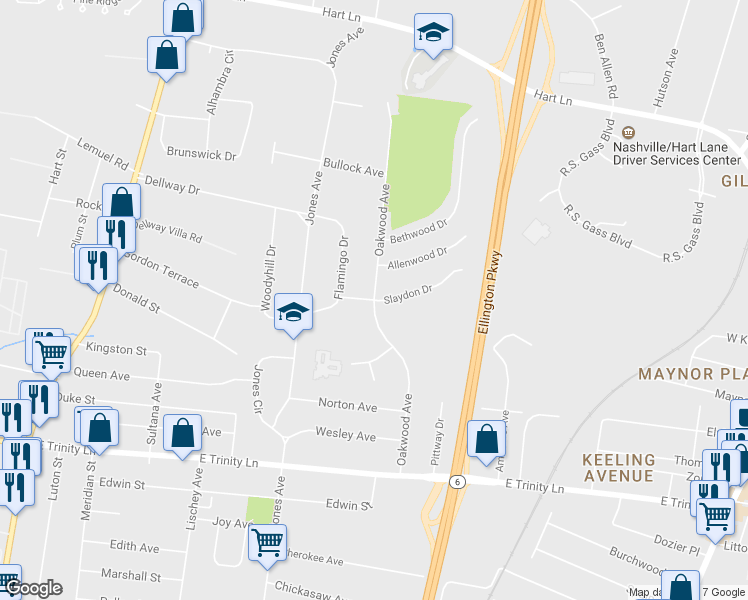 map of restaurants, bars, coffee shops, grocery stores, and more near 2198 Oakwood Avenue in Nashville