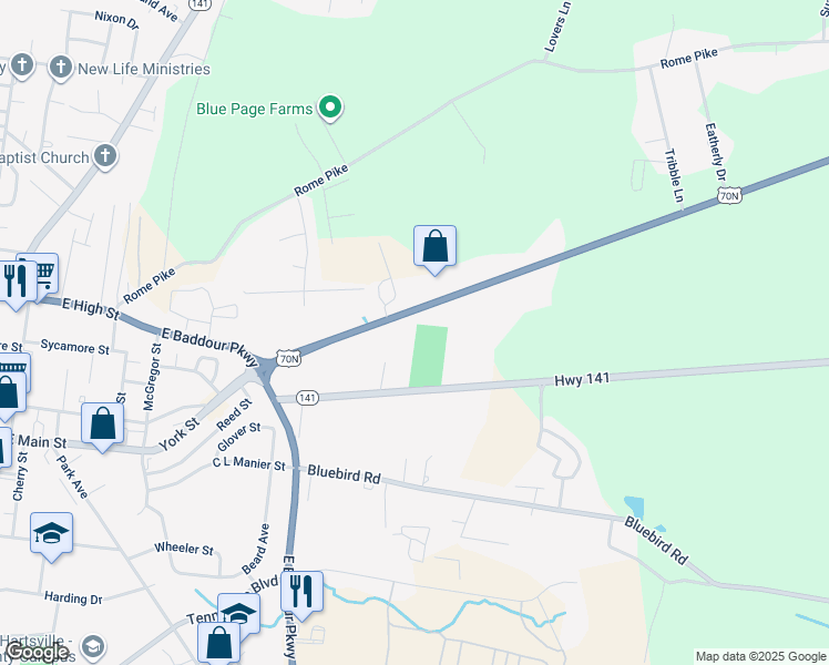 map of restaurants, bars, coffee shops, grocery stores, and more near 904 Carthage Highway in Lebanon
