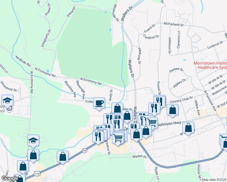 map of restaurants, bars, coffee shops, grocery stores, and more near 2101 North Economy Road in Morristown
