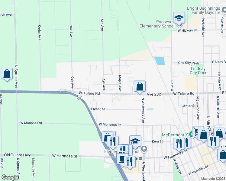 map of restaurants, bars, coffee shops, grocery stores, and more near 901 West Tulare Road in Lindsay