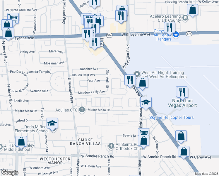 map of restaurants, bars, coffee shops, grocery stores, and more near 2821 Glen Aulin Street in Las Vegas
