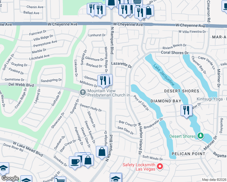 map of restaurants, bars, coffee shops, grocery stores, and more near 8420 Honeywood Circle in Las Vegas