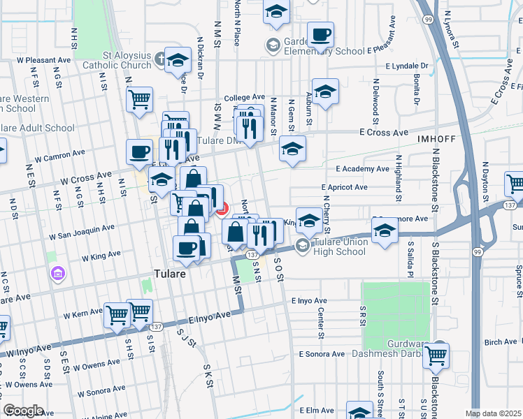map of restaurants, bars, coffee shops, grocery stores, and more near 305 North O Street in Tulare