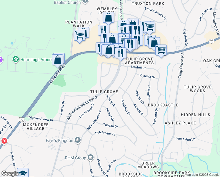 map of restaurants, bars, coffee shops, grocery stores, and more near 4540 Andrew Jackson Parkway in Nashville