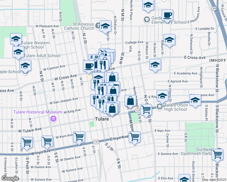 map of restaurants, bars, coffee shops, grocery stores, and more near 244 East San Joaquin Avenue in Tulare