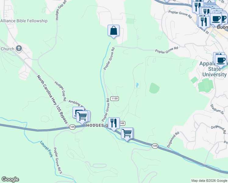 map of restaurants, bars, coffee shops, grocery stores, and more near 1595 Poplar Grove Road in Boone