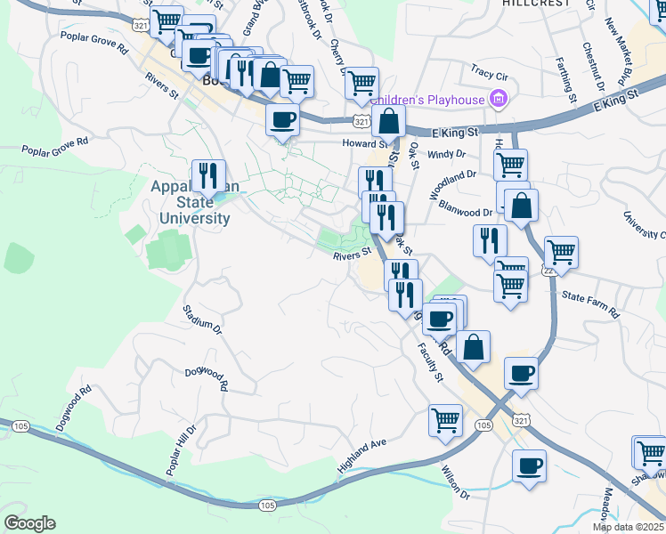 map of restaurants, bars, coffee shops, grocery stores, and more near 287 Rivers Street in Boone