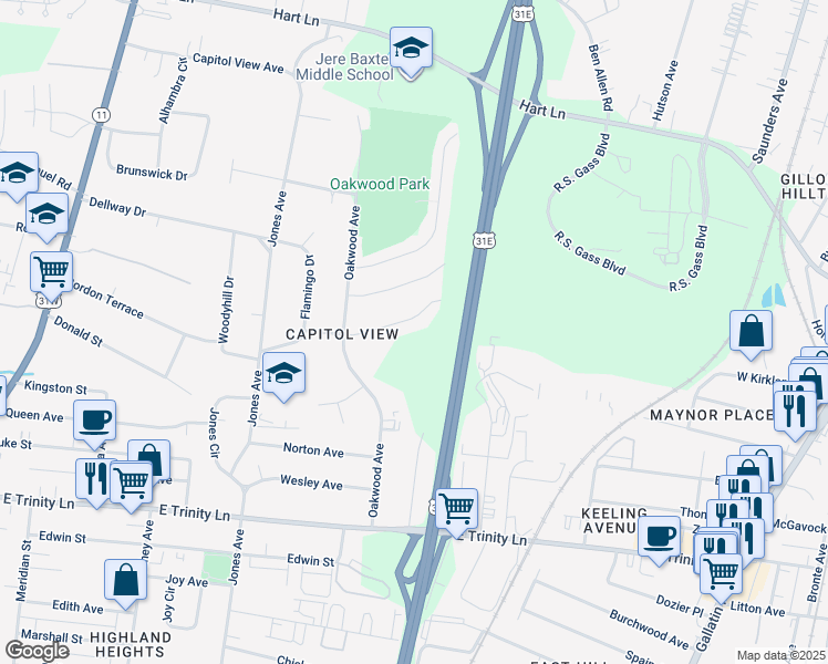 map of restaurants, bars, coffee shops, grocery stores, and more near 2557 Slaydon Drive in Nashville