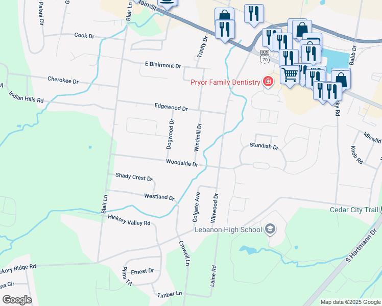 map of restaurants, bars, coffee shops, grocery stores, and more near 216 Windmill Drive in Lebanon