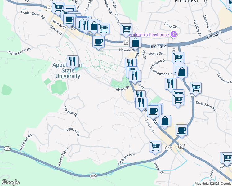 map of restaurants, bars, coffee shops, grocery stores, and more near 287 Rivers Street in Boone