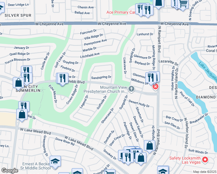 map of restaurants, bars, coffee shops, grocery stores, and more near 8844 Sunny Mead in Las Vegas