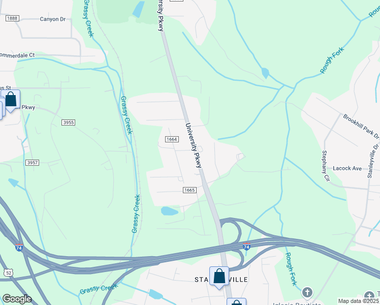 map of restaurants, bars, coffee shops, grocery stores, and more near 6649 University Parkway in Rural Hall