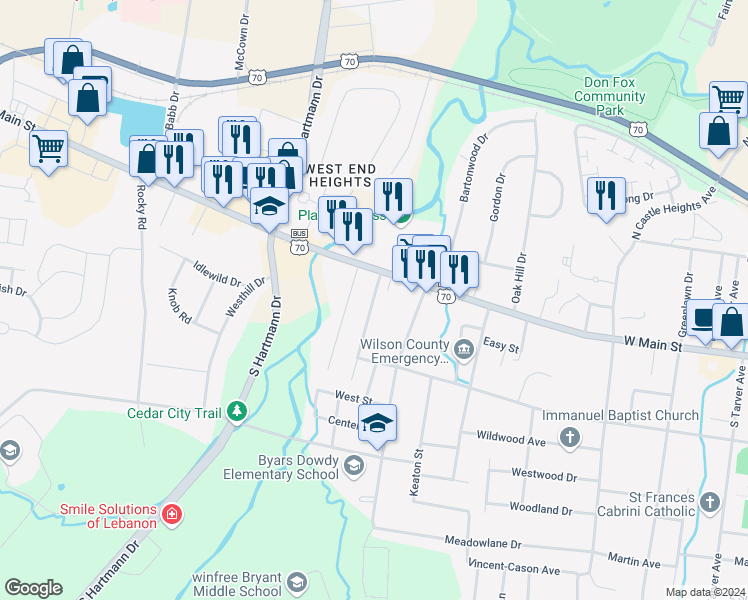 map of restaurants, bars, coffee shops, grocery stores, and more near 1034 West Main Street in Lebanon