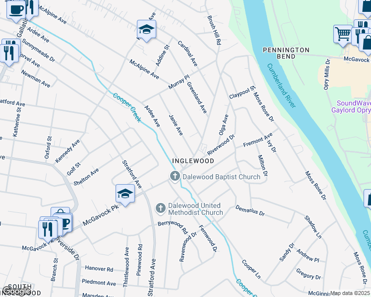 map of restaurants, bars, coffee shops, grocery stores, and more near 1450 Janie Avenue in Nashville