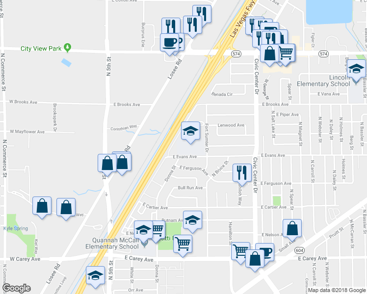 map of restaurants, bars, coffee shops, grocery stores, and more near 2801 Donna Street in North Las Vegas