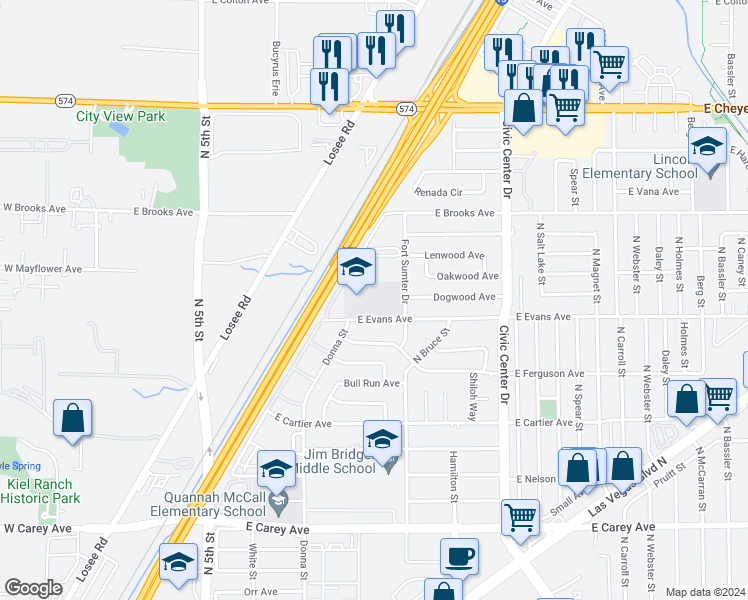 map of restaurants, bars, coffee shops, grocery stores, and more near 2801 Fort Sumter Drive in North Las Vegas