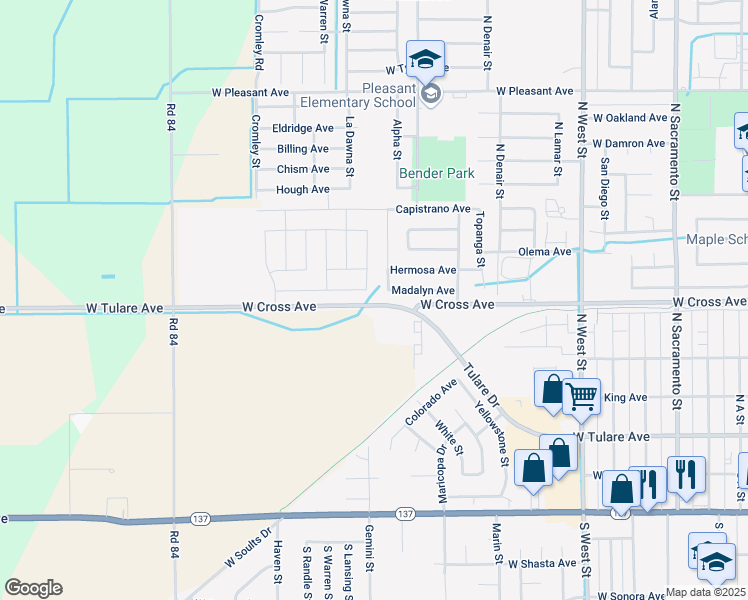 map of restaurants, bars, coffee shops, grocery stores, and more near 2058 West Tulare Avenue in Tulare