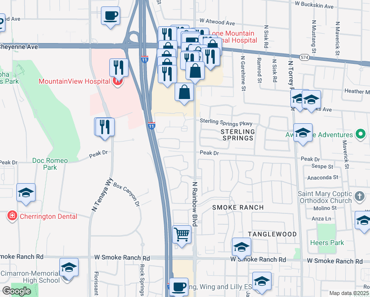 map of restaurants, bars, coffee shops, grocery stores, and more near 2801 North Rainbow Boulevard in Las Vegas