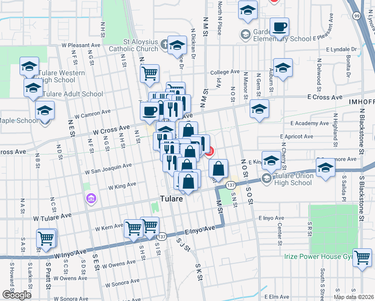 map of restaurants, bars, coffee shops, grocery stores, and more near 315 North L Street in Tulare