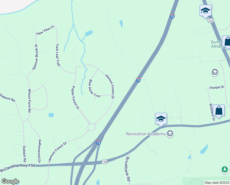 map of restaurants, bars, coffee shops, grocery stores, and more near 7620 Henson Forest Drive in Summerfield