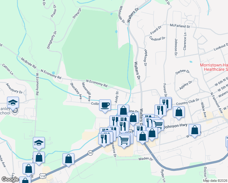 map of restaurants, bars, coffee shops, grocery stores, and more near 2101 North Economy Road in Morristown