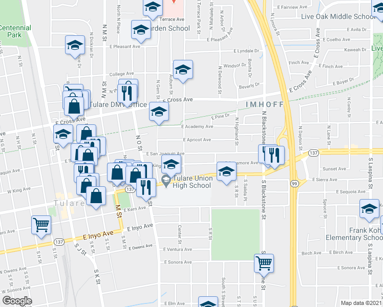 map of restaurants, bars, coffee shops, grocery stores, and more near 818 E San Joaquin Ave in Tulare