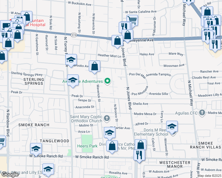 map of restaurants, bars, coffee shops, grocery stores, and more near 2890 North Bronco Street in Las Vegas