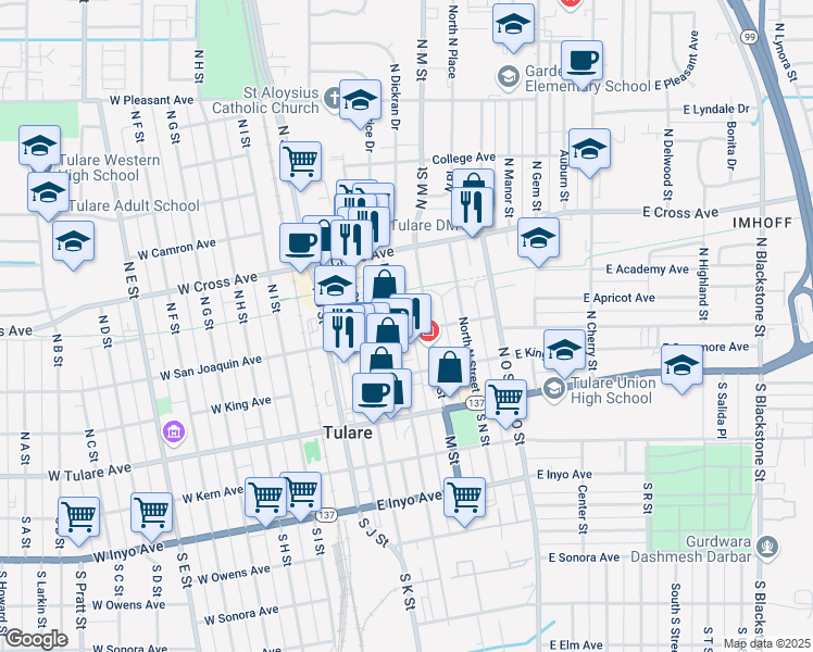 map of restaurants, bars, coffee shops, grocery stores, and more near 328 East San Joaquin Avenue in Tulare