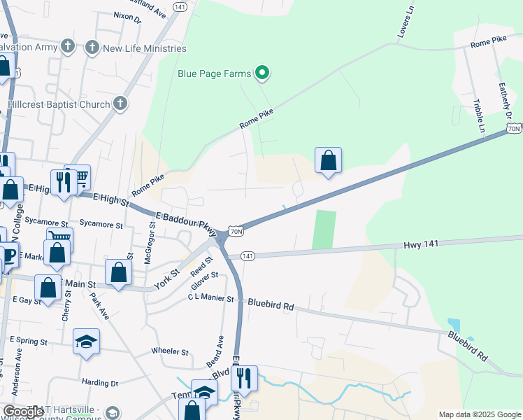 map of restaurants, bars, coffee shops, grocery stores, and more near 833 Carthage Highway in Lebanon