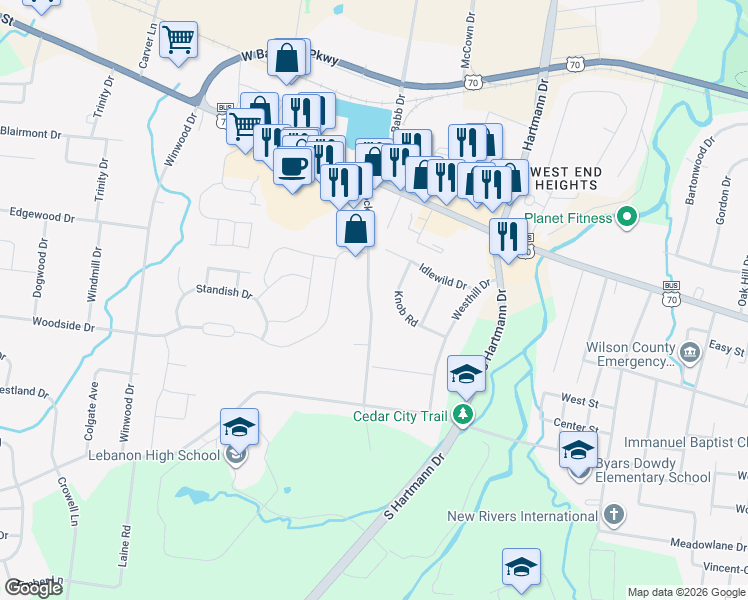 map of restaurants, bars, coffee shops, grocery stores, and more near 122 Rocky Road in Lebanon