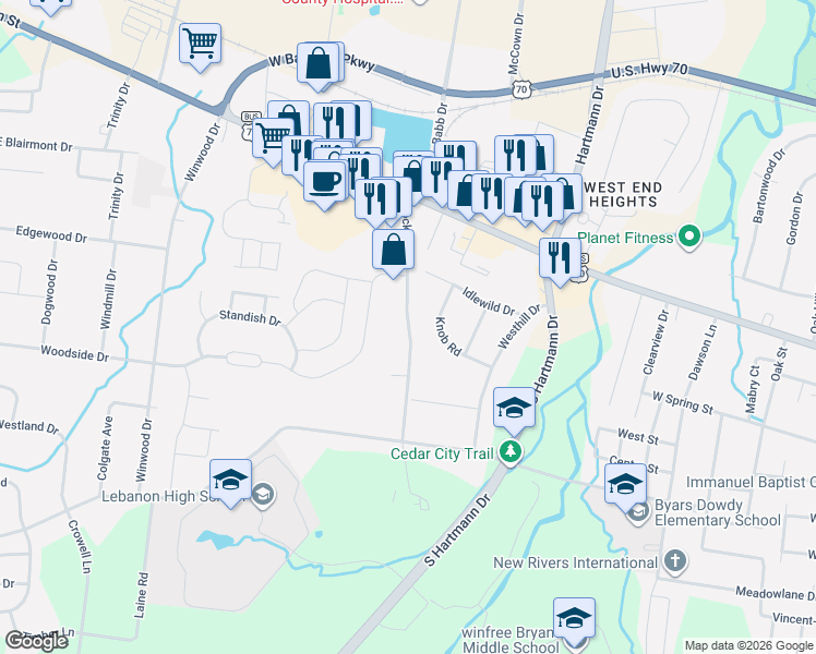 map of restaurants, bars, coffee shops, grocery stores, and more near 122 Rocky Road in Lebanon