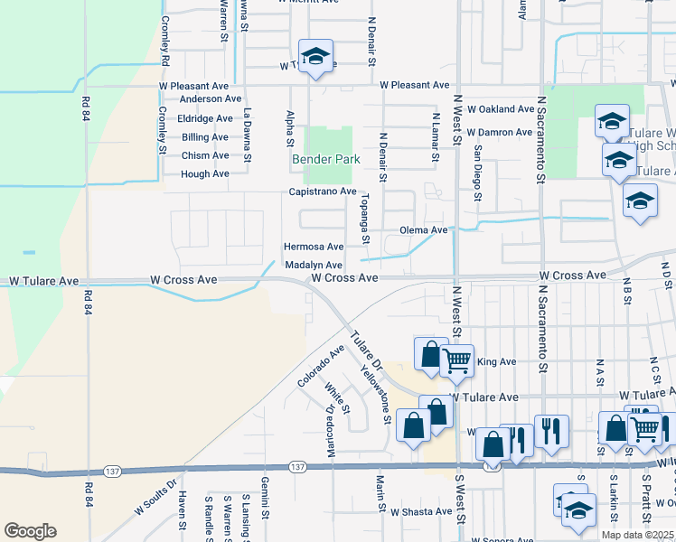 map of restaurants, bars, coffee shops, grocery stores, and more near 1736 Madalyn Avenue in Tulare