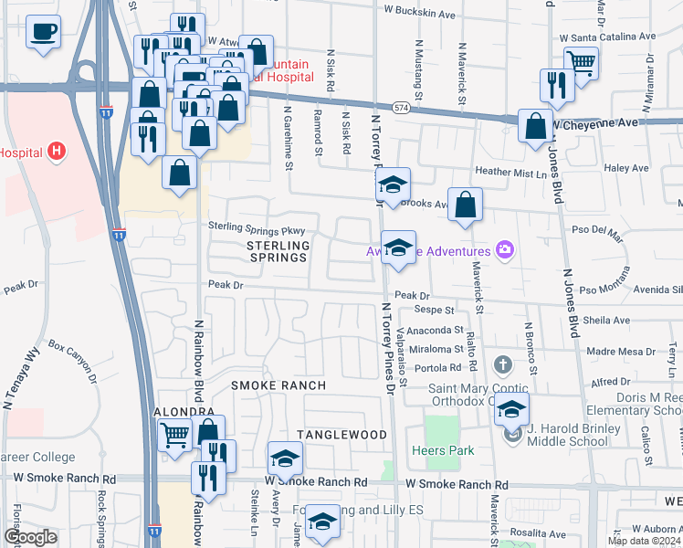 map of restaurants, bars, coffee shops, grocery stores, and more near 6428 Chippindale Lane in Las Vegas