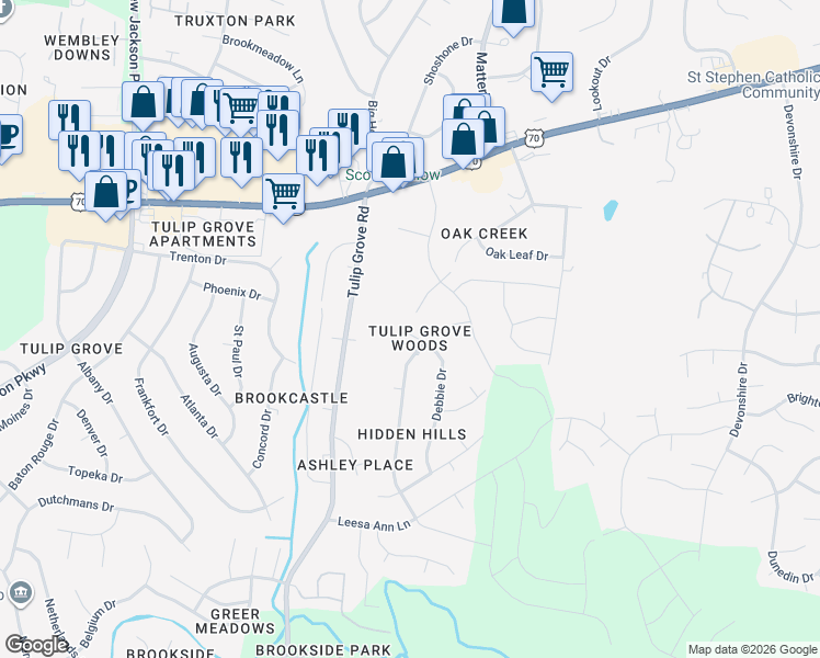 map of restaurants, bars, coffee shops, grocery stores, and more near 500 Debbie Drive in Nashville