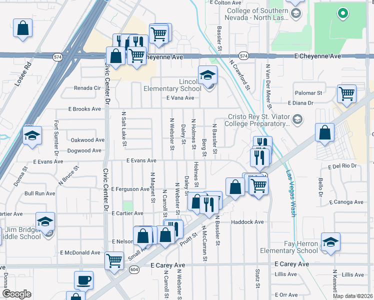 map of restaurants, bars, coffee shops, grocery stores, and more near in North Las Vegas