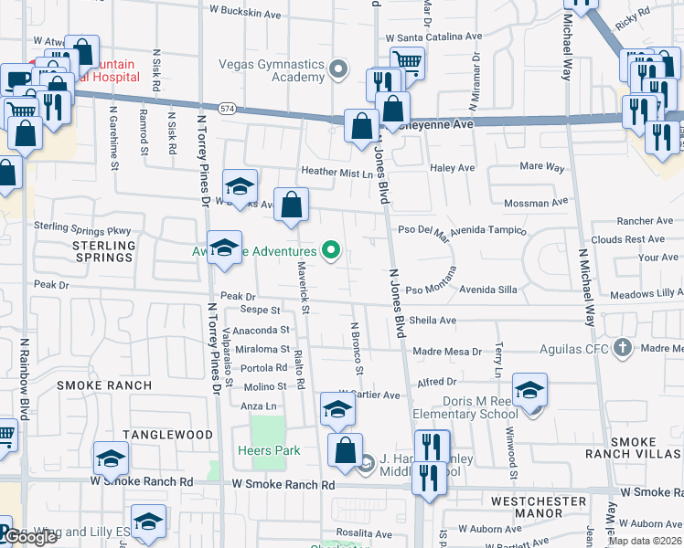 map of restaurants, bars, coffee shops, grocery stores, and more near 2890 North Bronco Street in Las Vegas