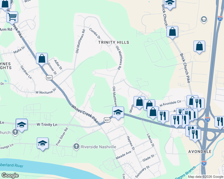 map of restaurants, bars, coffee shops, grocery stores, and more near 2408 Old Matthews Road in Nashville