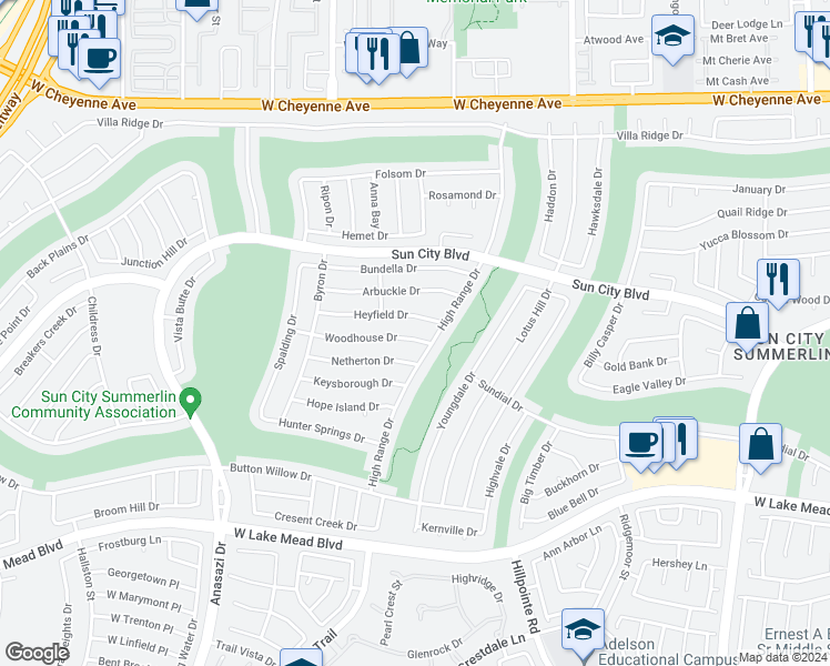 map of restaurants, bars, coffee shops, grocery stores, and more near 9908 Woodhouse Drive in Las Vegas